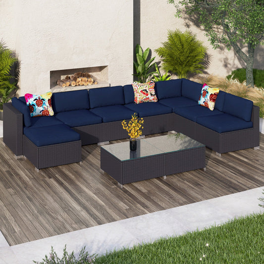 Sophia & William 10 Pcs Wicker Rattan Outdoor Sectionals Patio Conversation Sets - Blue