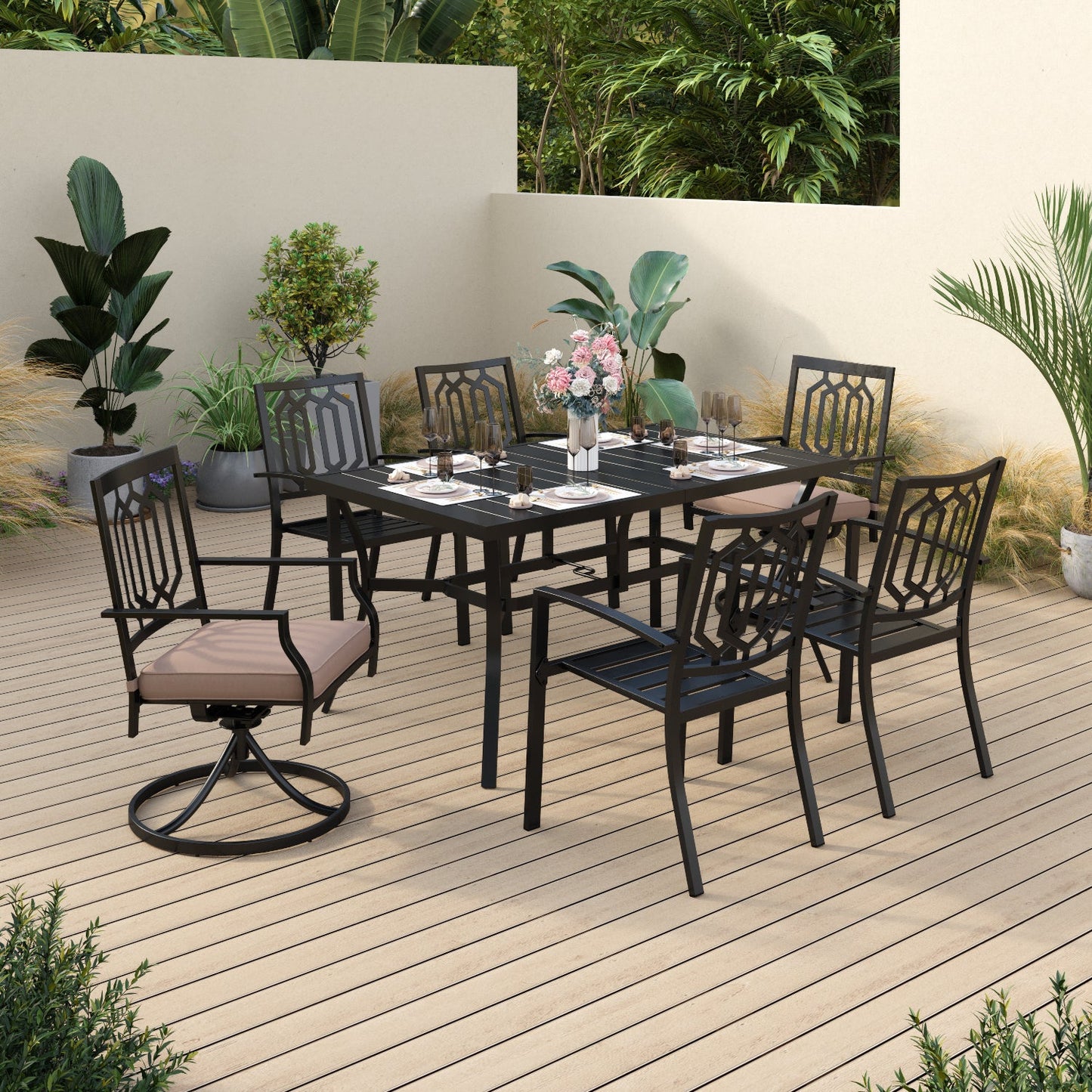 Sophia & William 7 Piece Outdoor Patio Dining Bistro Set with 5 Metal Stackable Chairs&1 Swivel Dining Chair and 1 Piece Rectangular Dining Table