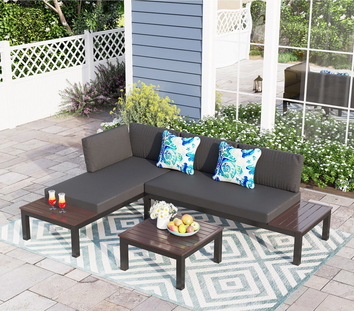 Sophia & William Patio Sectional Sofa Set Outdoor 4-seat Conversation Furniture with Table, Cushions