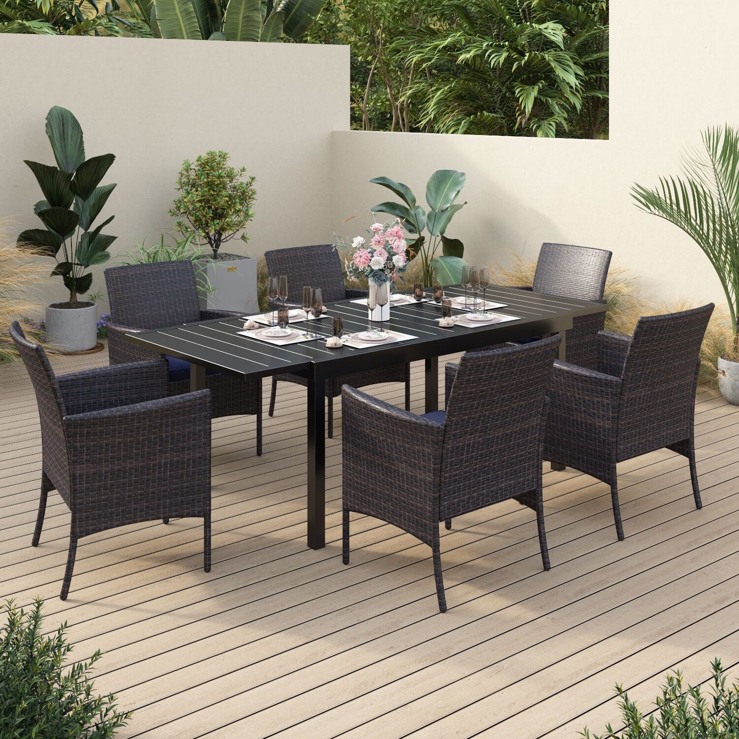 Sophia & William 7 Piece Outdoor Patio Dining Set Outdoor Furniture Set with 6 Rattan Dining Chairs and 1 Metal Expandable Dining Table