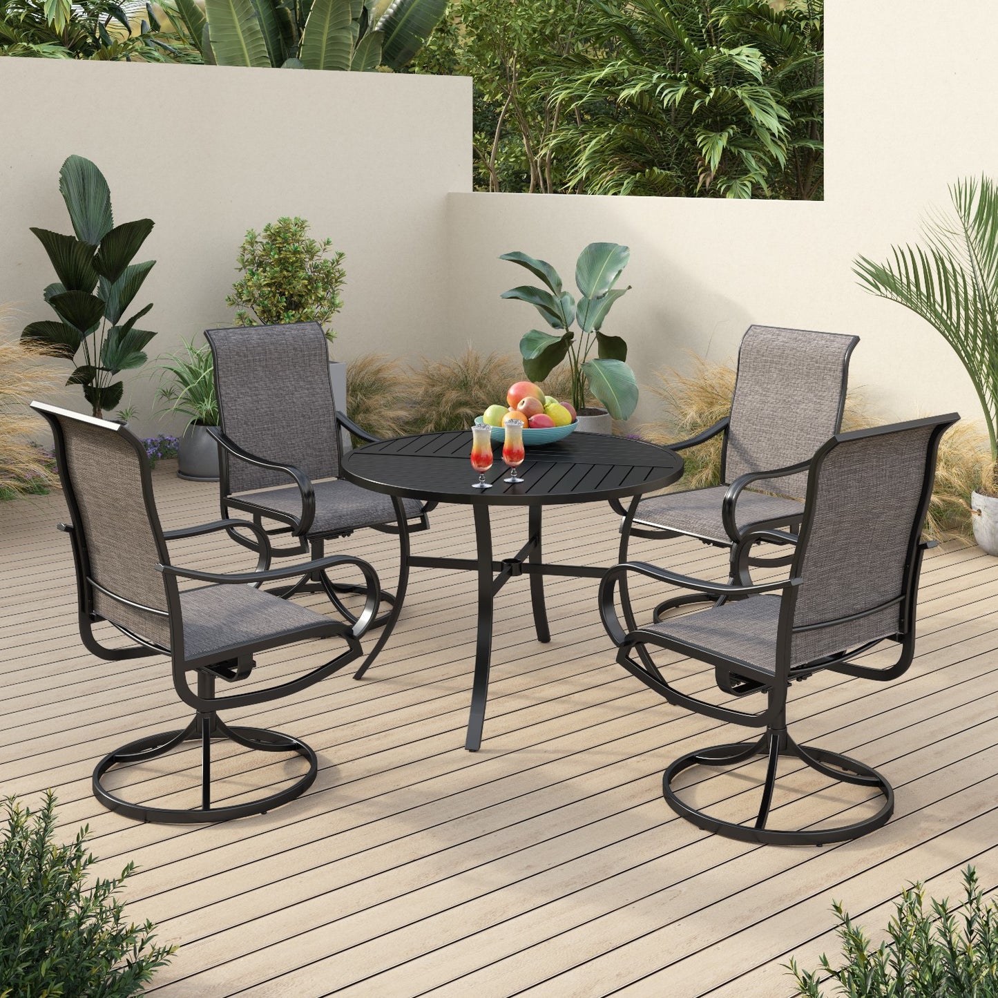 Sophia & William 5 Piece Patio Dining Set Outdoor Furniture Set with 1 Steel Round Table & 4 Textilene Swivel Chairs,Black