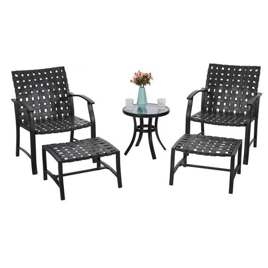 Sophia & William 5pcs Outdoor Patio Furniture Conversation Set Steel Frame Leather-Ware Conversation Dining Set with 2 Chairs 2 Ottomans and Glass Coffee Table