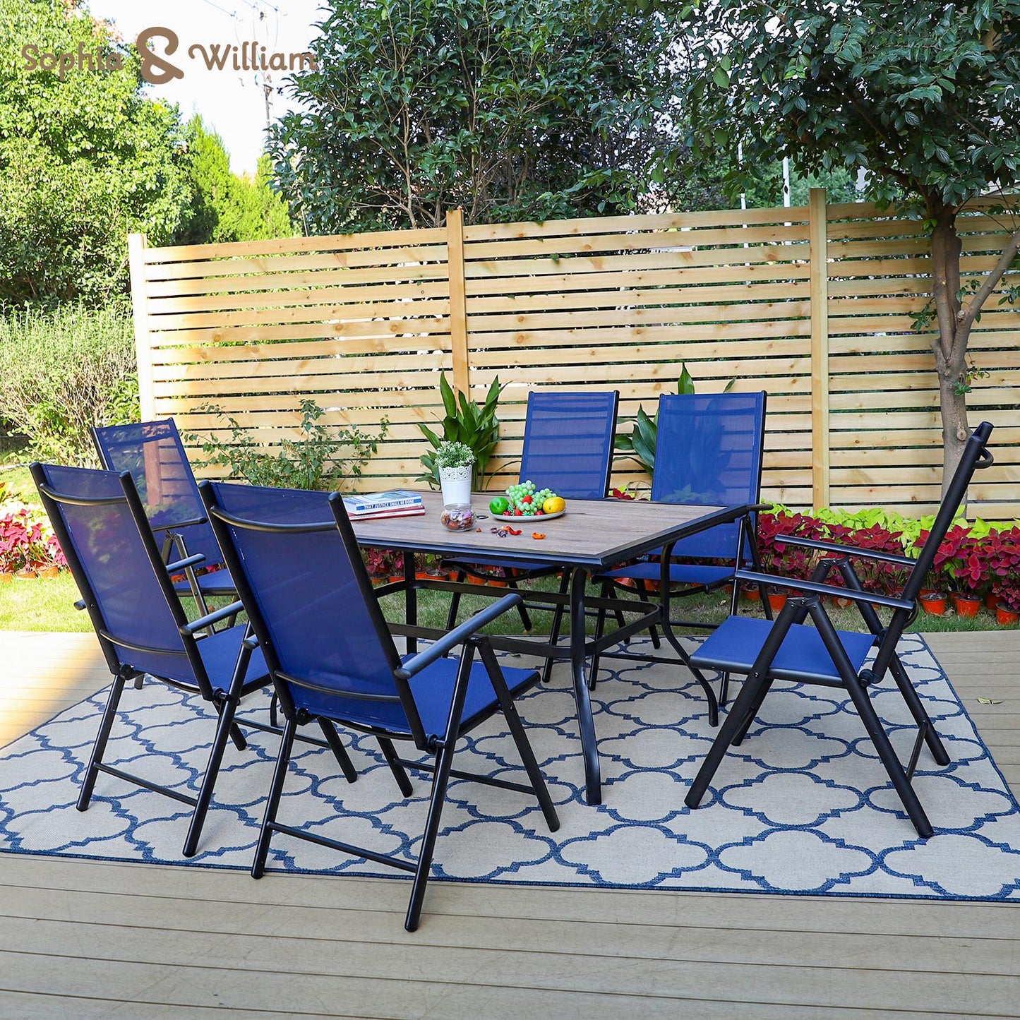 Sophia&William 7Pcs Patio Dining Set Metal Table and Chairs Set for 6 People - Blue
