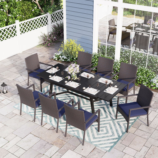 Sophia & William 9-Piece Patio Dining Set with Extendable Table & 8 Rattan Chairs, Black & Navy Blue