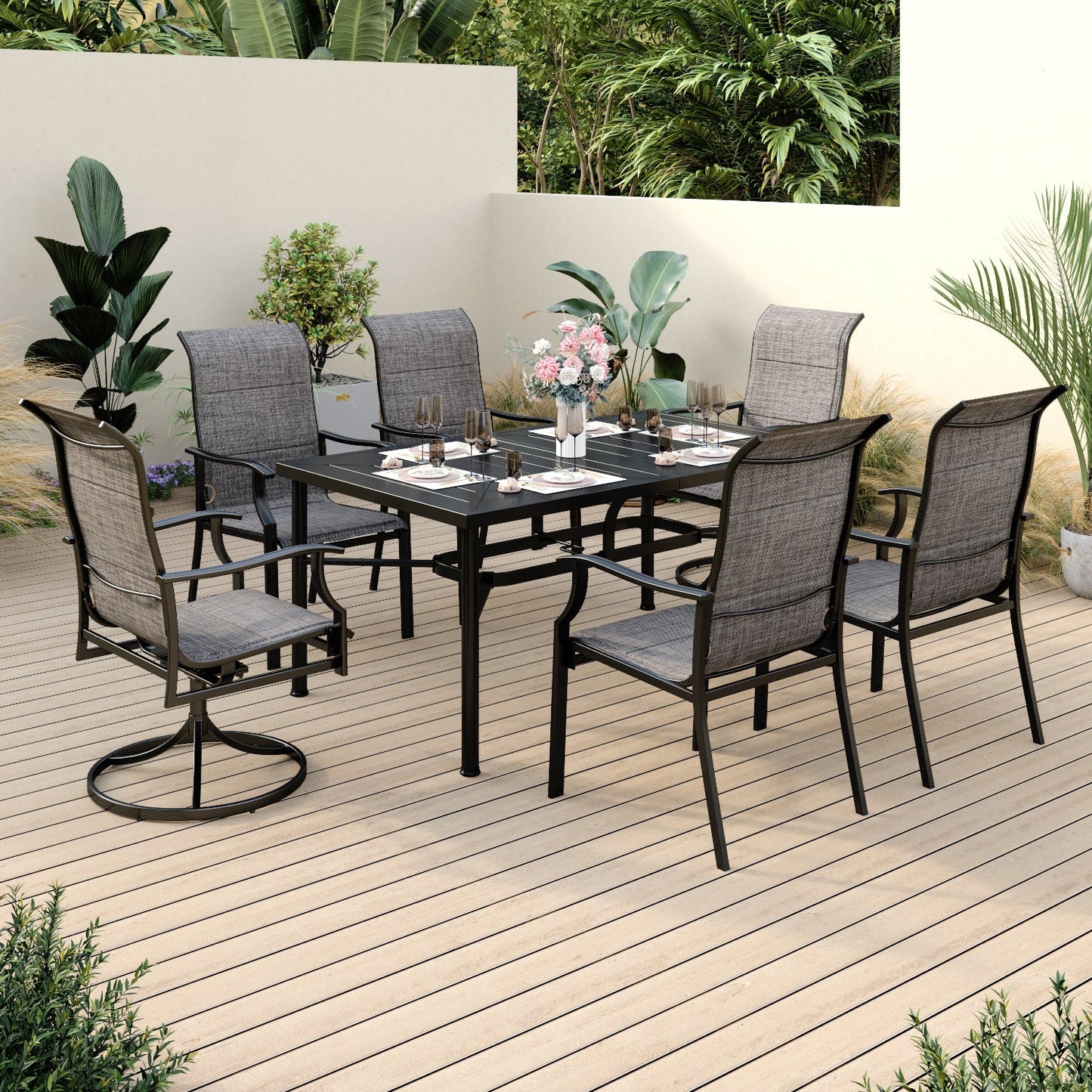 Sophia & William 7 Piece Patio Dining Set 6 Piece Textilene Chairs and 1 Piece Rectangular Dining Wood Table