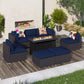 Sophia & William 7 Pcs Rattan Patio Conversation Set Outdoor Sectionals with Fire Pit Table - Navy Blue