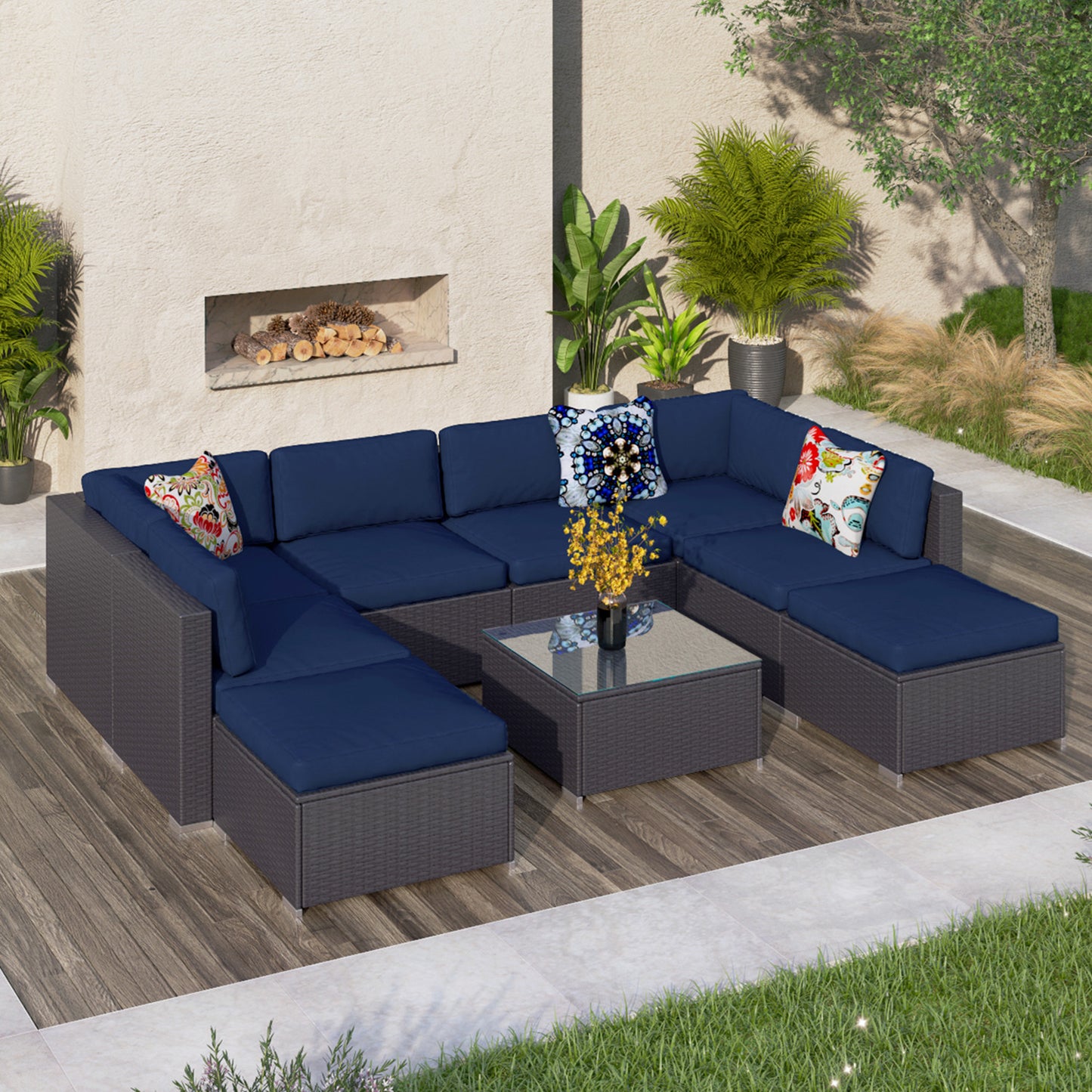Sophia & William 9 Pieces Outdoor Patio Rattan Sectional Sofa Set, Wicker Rattan Patio Furniture Sofa Chairs Sets with Tea Table and Washable Couch Cushions, Navy Blue