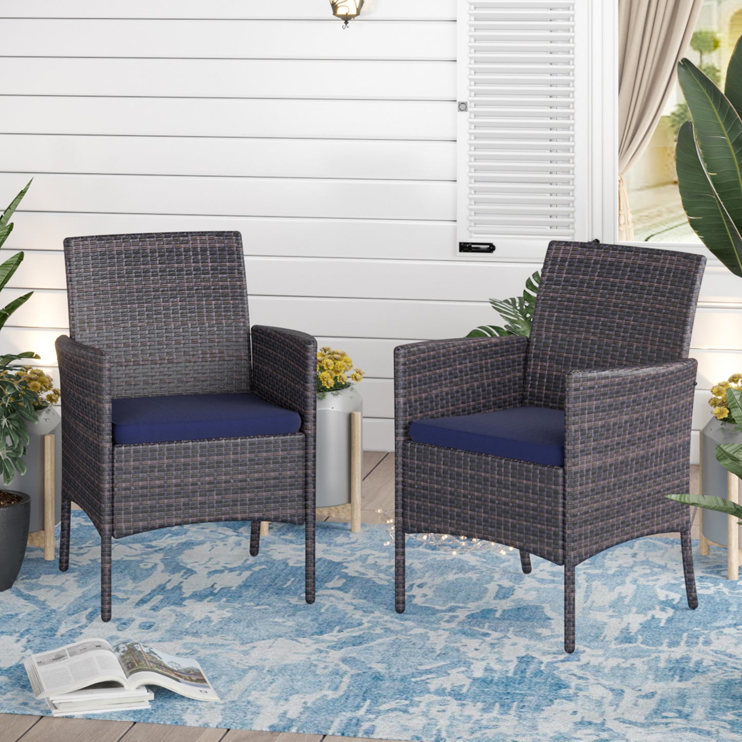Sophia & William Patio Rattan Dining Chairs Set of 2 with Blue Cushions, Dark Brown