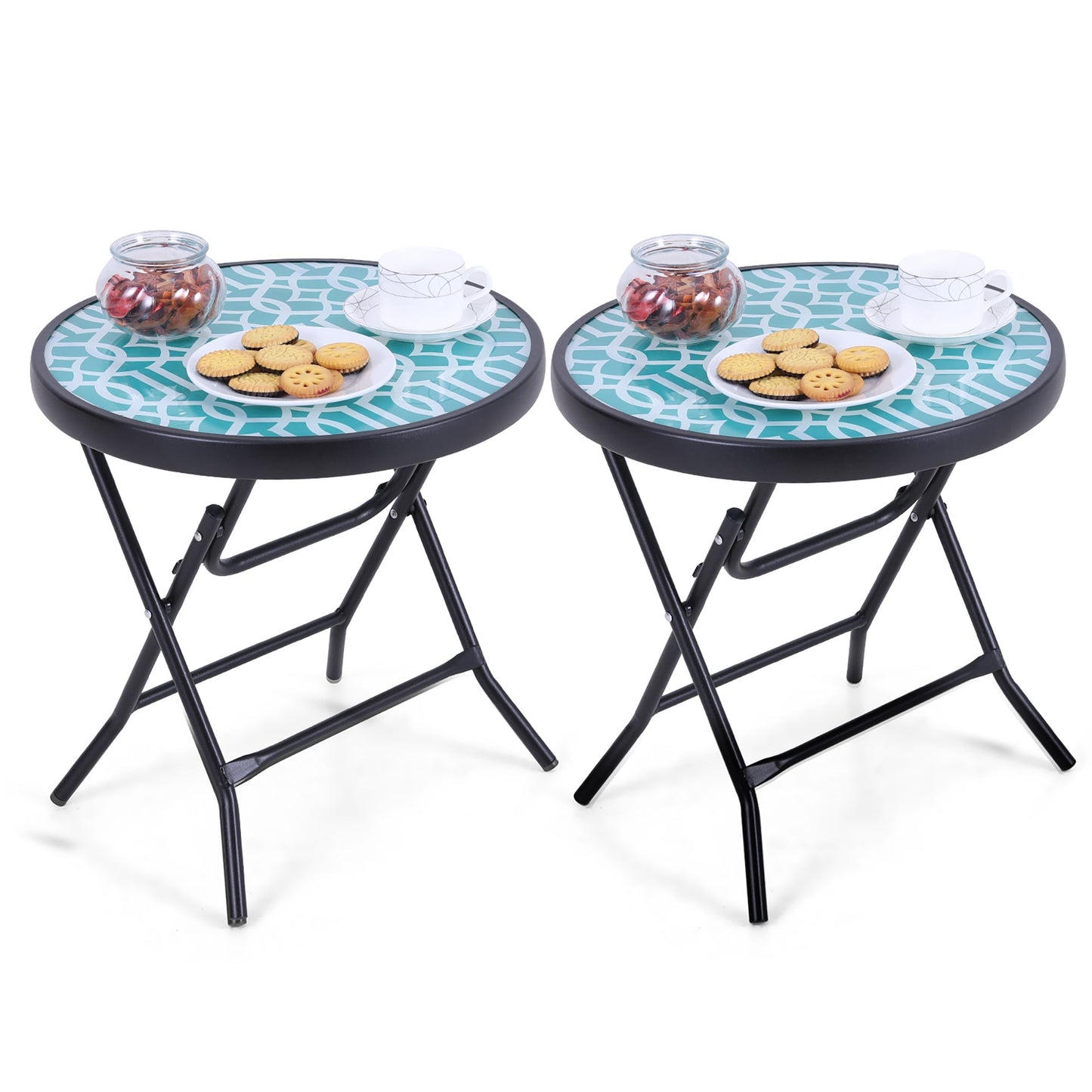 Sophia & William 2 Piece 18 inch Patio Round Folding Side Table Small Portable Bistro Coffee Table Tempered Glass Top