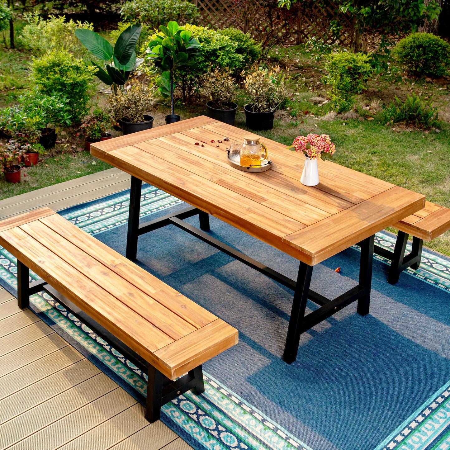 Sophia & William 3 Pieces Outdoor Patio Dining Set Acacia Wood Table Bench with 1 Wooden Dining Table and 2 Benches