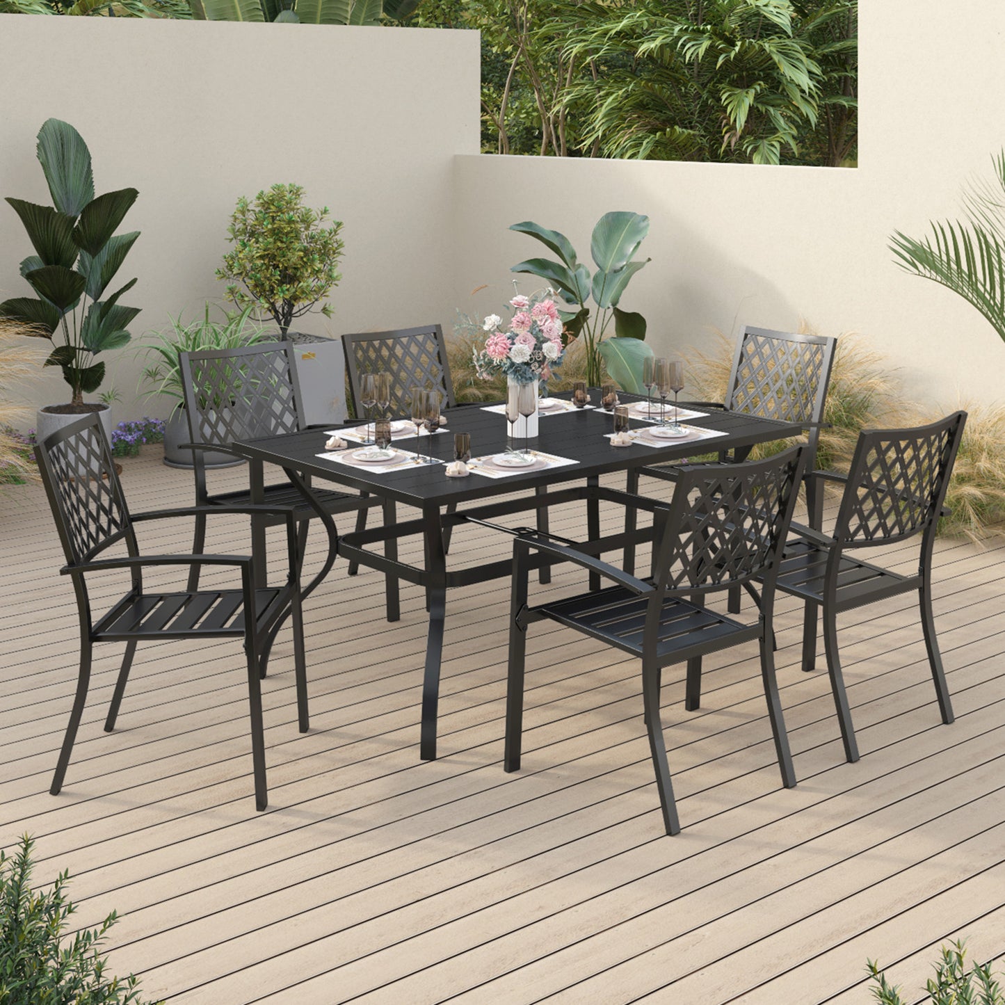 Sophia & William 7 Piece Metal Outdoor Patio Dining Bistro Sets Outdoor Table and Chairs with 6 Metal Stackable Chairs and 60" x 38" Rectangle Table, Black
