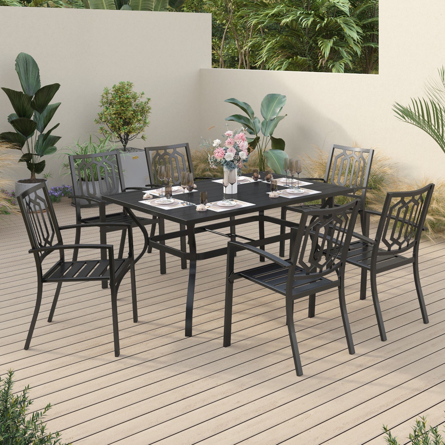 Sophia & William 7 Piece Metal Outdoor Patio Dining Bistro Sets Kitchen Dining Table Sets with 6 Stackable Metal Chairs and 60" x 38"x28" Steel Frame Slat Rectangular Table,Black