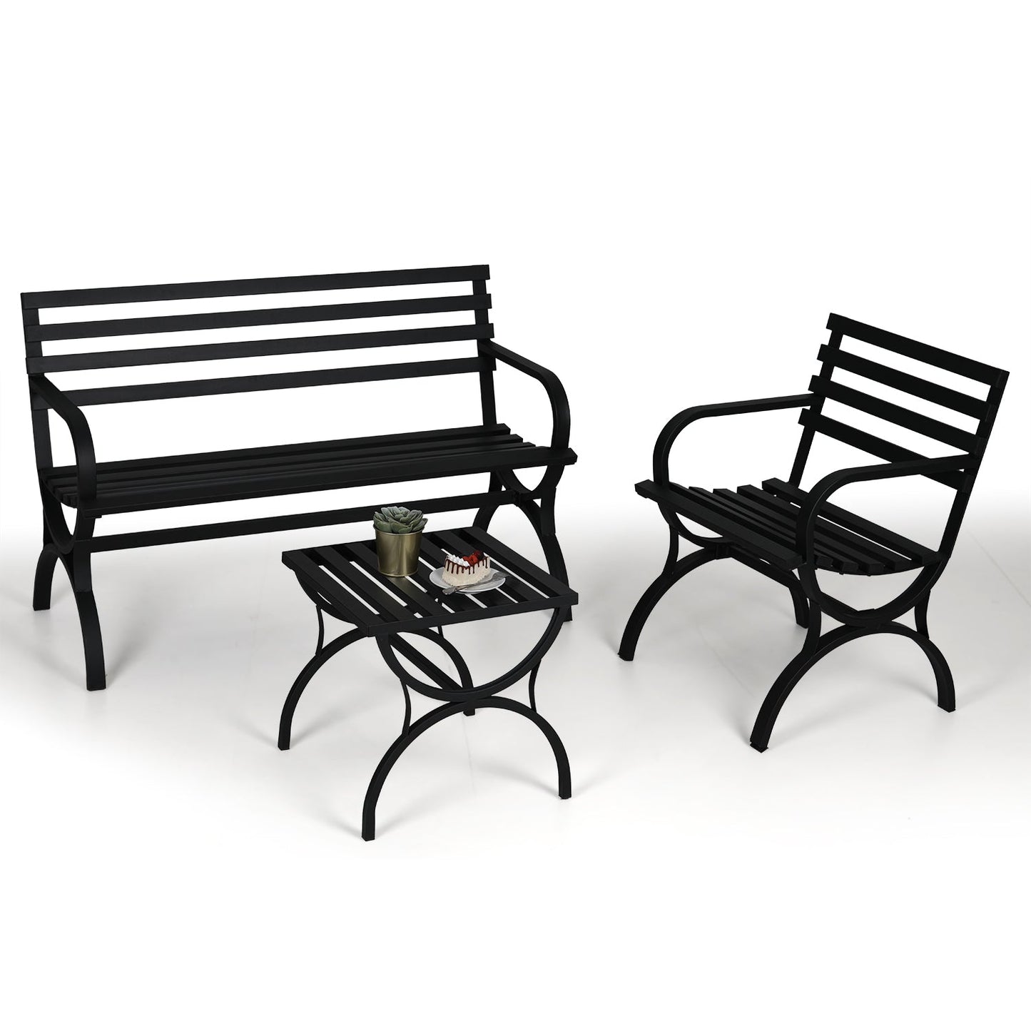 Sophia & William 3 Pieces Outdoor Metal Bench Table Set Patio Conversation Set - Black