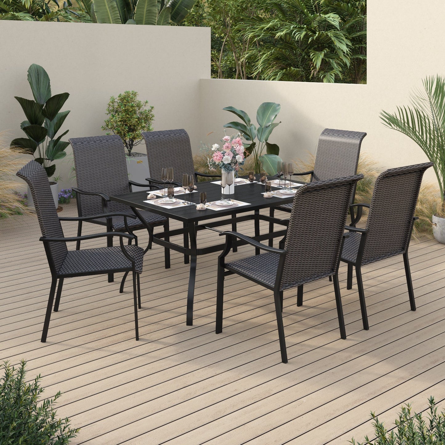 Sophia & William 7 Piece Patio Dining Table and Chairs Set High Back Rattan Dining Chairs and Rectangle Metal Table