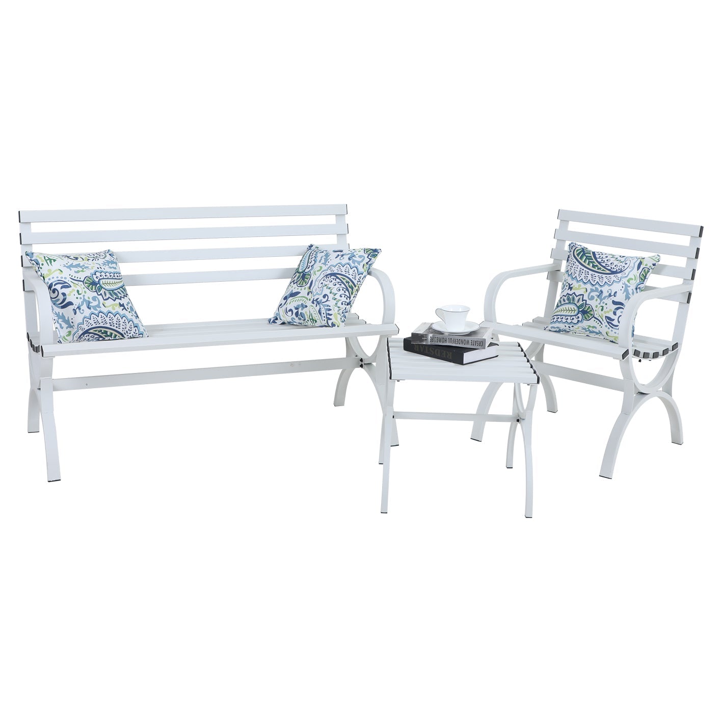Sophia & William 3 Pieces Outdoor Metal Bench Table Set Patio Conversation Set - White
