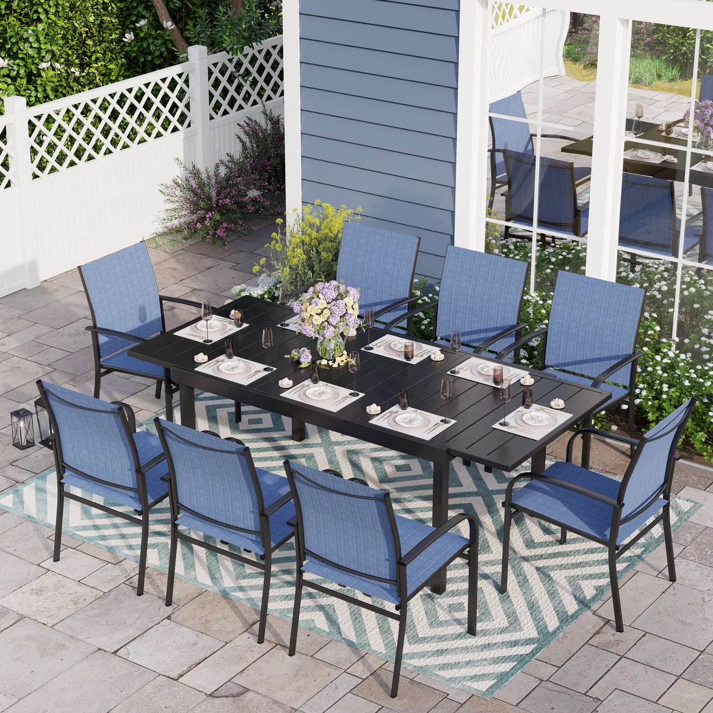 Sophia & William 9 Piece Patio Metal Dining Set Expandable Patio Dining Table and 8 Blue Textilene Chairs