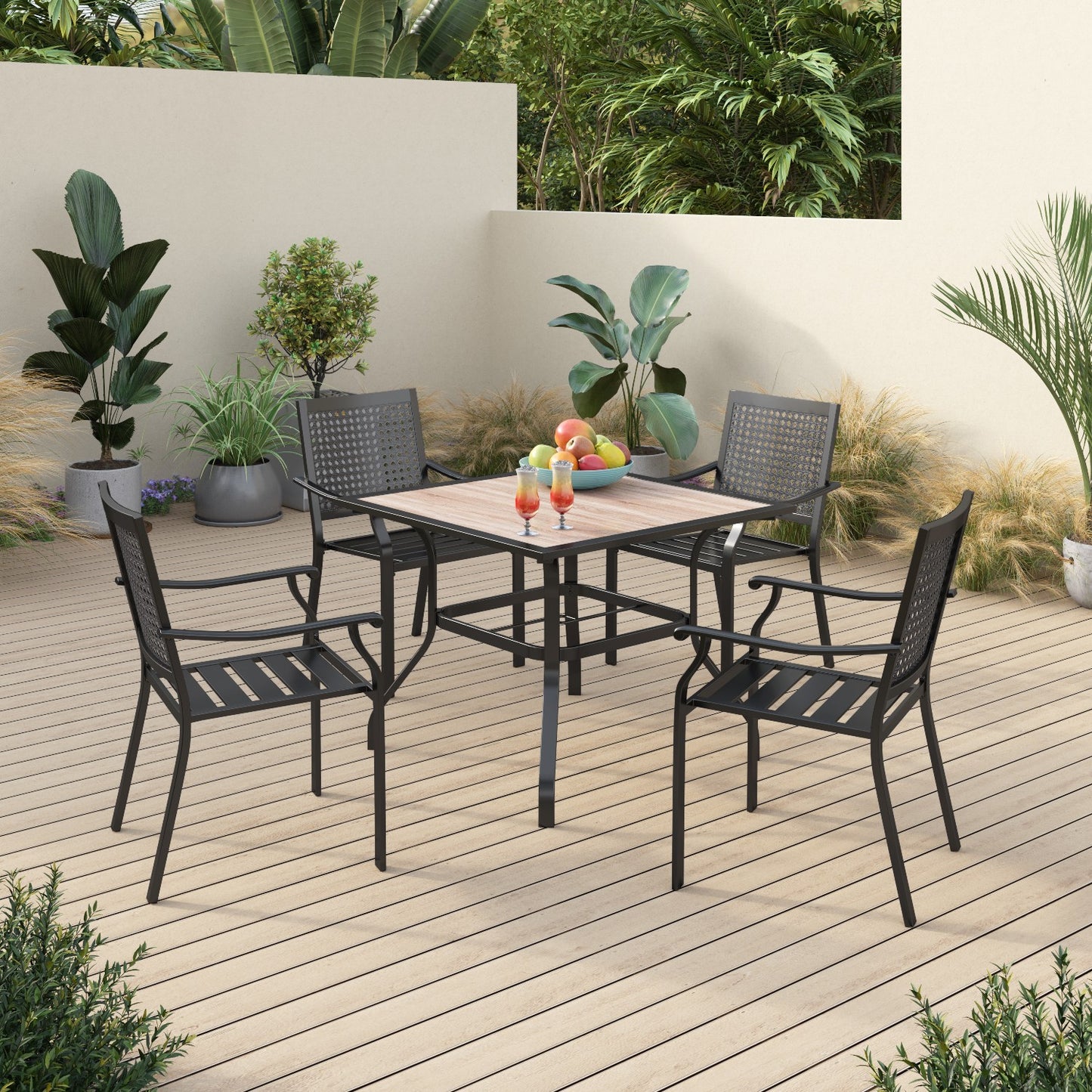 Sophia&William 5 Pieces Patio Dining Set Metal Stackable Chairs and Table,Black