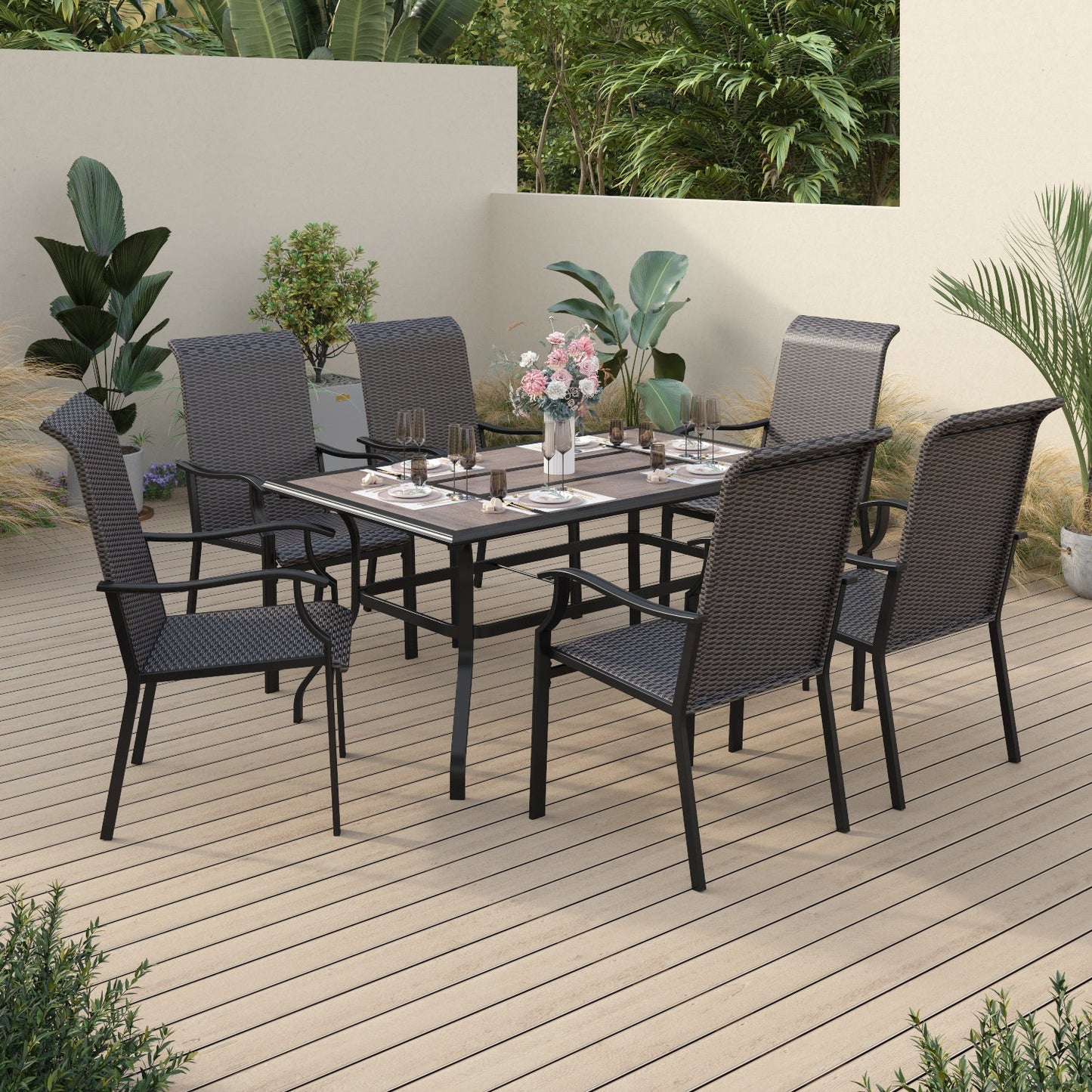 Sophia & William 7 Pieces Outdoor Patio High Back Dining Set Dining Chairs and Metal Dining Table Black
