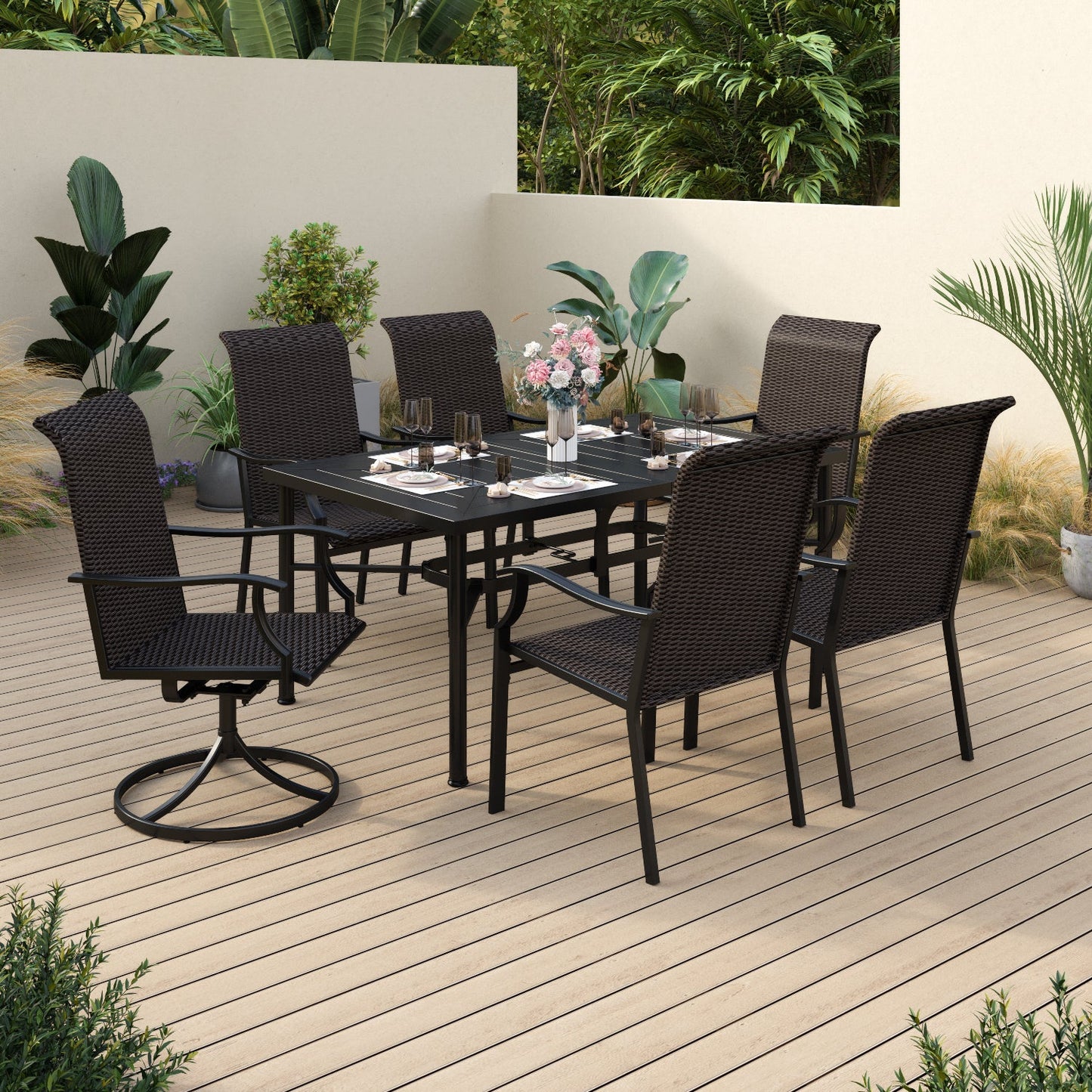 Sophia & William 7 Piece Outdoor Patio Dining Set Outdoor Furniture Set with 1 Steel Retangular Table & 6 Rattan Chairs