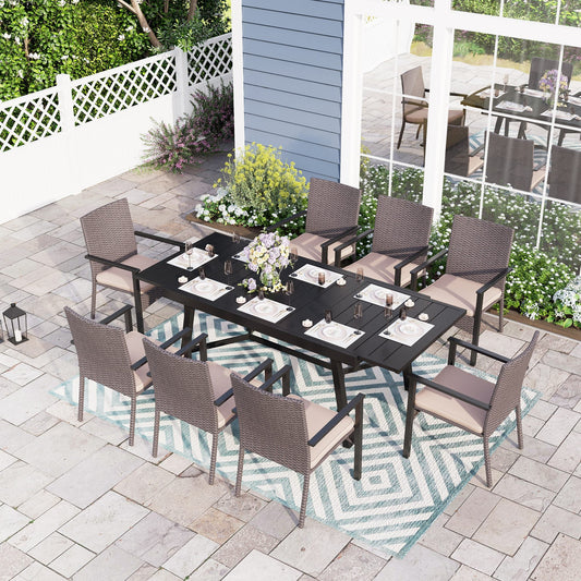 Sophia & William 9-Piece Patio Dining Set with Extendable Table & 8 Rattan Chairs, Black & Beige
