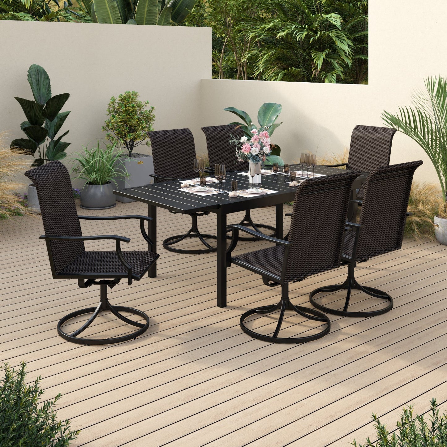 Sophia & William 7 Pieces Outdoor Patio Dining Set High Back Swivel Dining Chairs and Metal Dining Table with Umbrella Hole