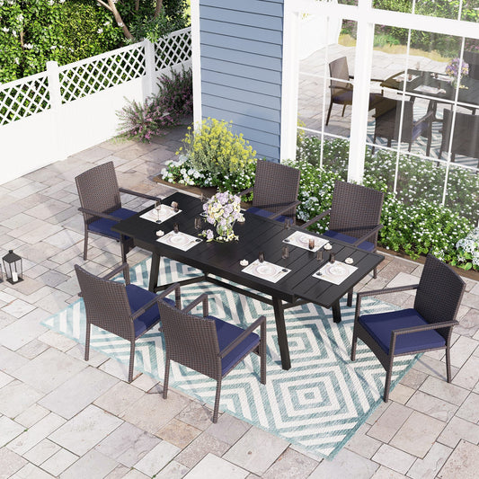 Sophia & William 7-Piece Patio Dining Set with Extendable Table & 6 Rattan Chairs, Black & Navy Blue