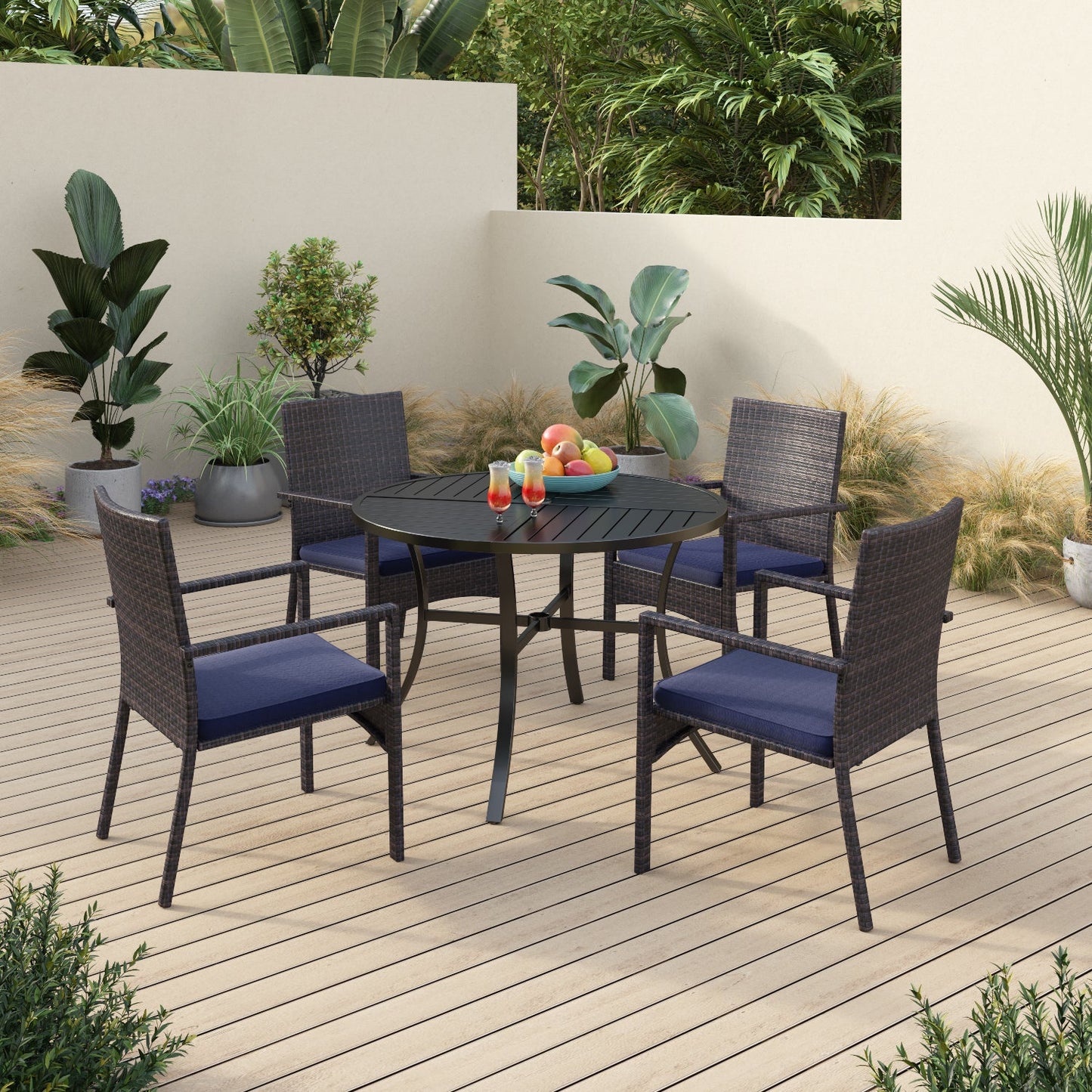 Sophia & William 5 Pieces Outdoor Patio Dining Set 4 Brown PE Rattan Chairs and Metal Round Dining Table