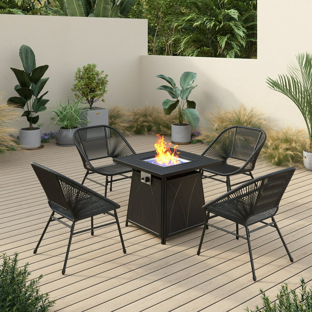 Sophia & William 5 Piece Gas Fire Pit Table Set with 1 Piece 50,000 BTU Gas Fire Pit Table and 4 Pieces Dining Rattan Chairs