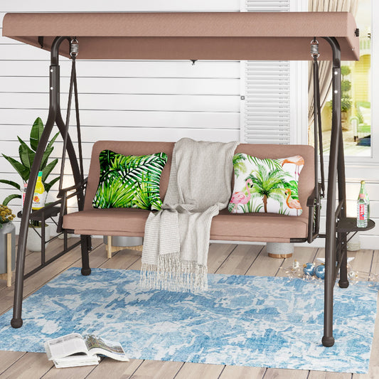 Sophia & William 3-Seat Porch Swing Hanging Chair with Foldable Side Table - Beige