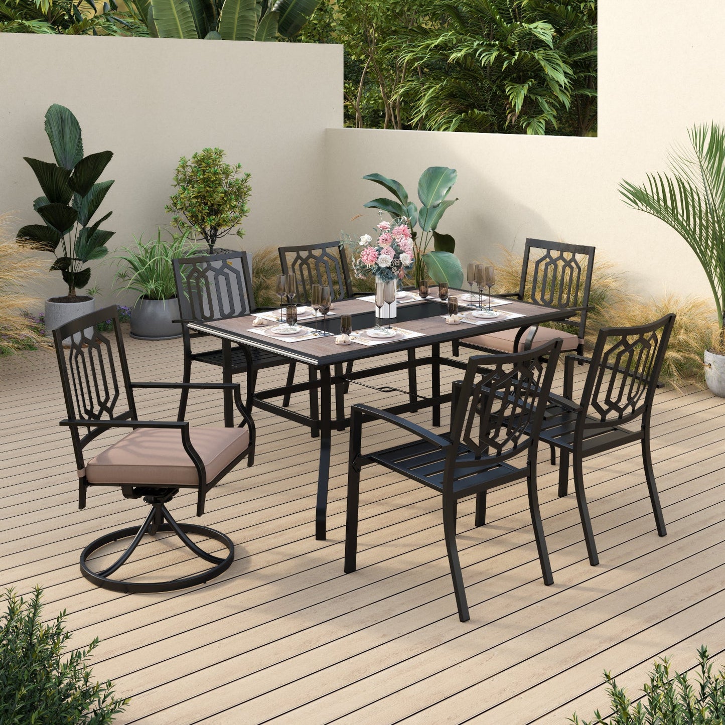 Sophia & William 7 Piece Outdoor Patio Dining Bistro Set 1 Retangular Table and 5 Metal Stackable Chairs&1 Swivel Dining Chair