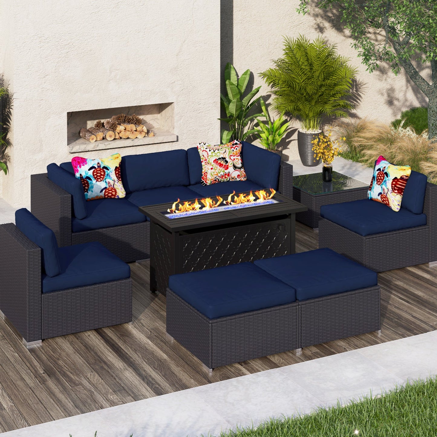 Sophia & William 9 Pcs Rattan Patio Conversation Set Outdoor Sectionals with Fire Pit Table - Navy Blue