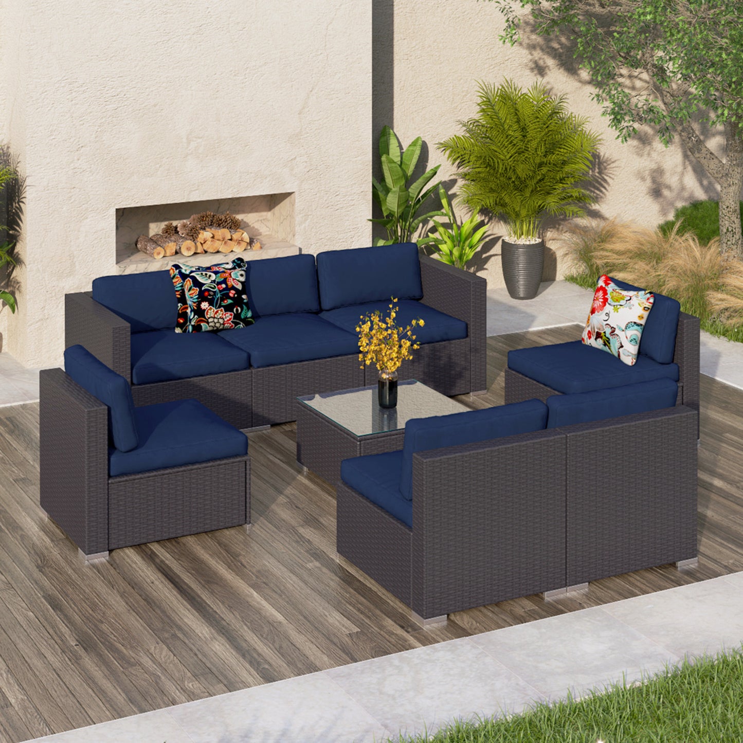 Sophia & William 8 Pieces Wicker Rattan Outdoor Sectionals Patio Conversation Sets - Blue