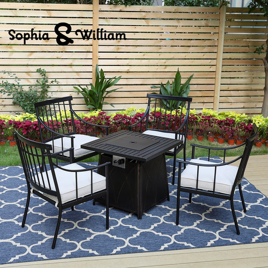 Sophia&William 5-Piece Outdoor Patio Dining Set Metal Padded Chairs and Fire Pit Table