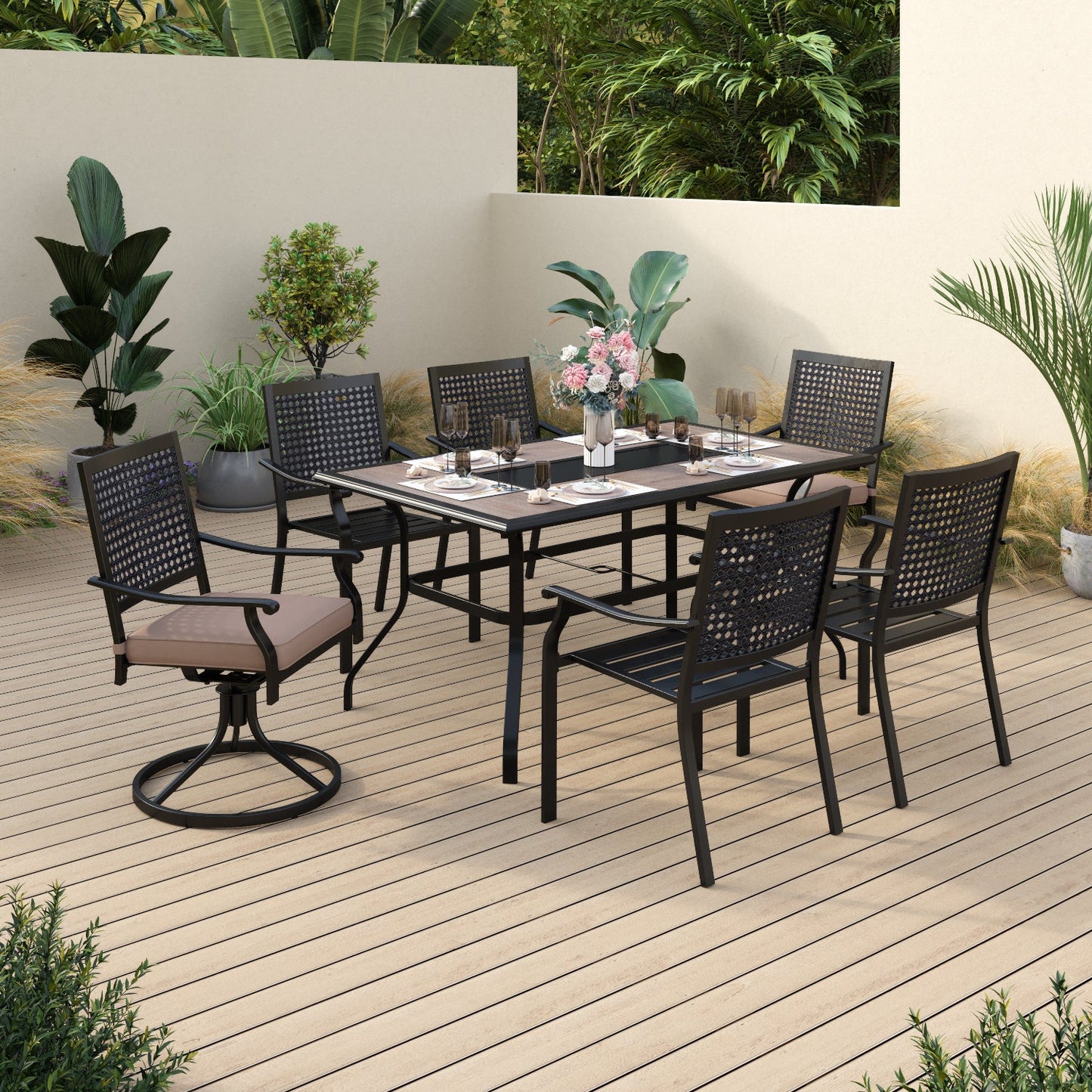 Sophia & William 7 Piece Outdoor Patio Dining Set 1 Retangular Table and 5 Metal Chairs&1 Swivel Dining Chair