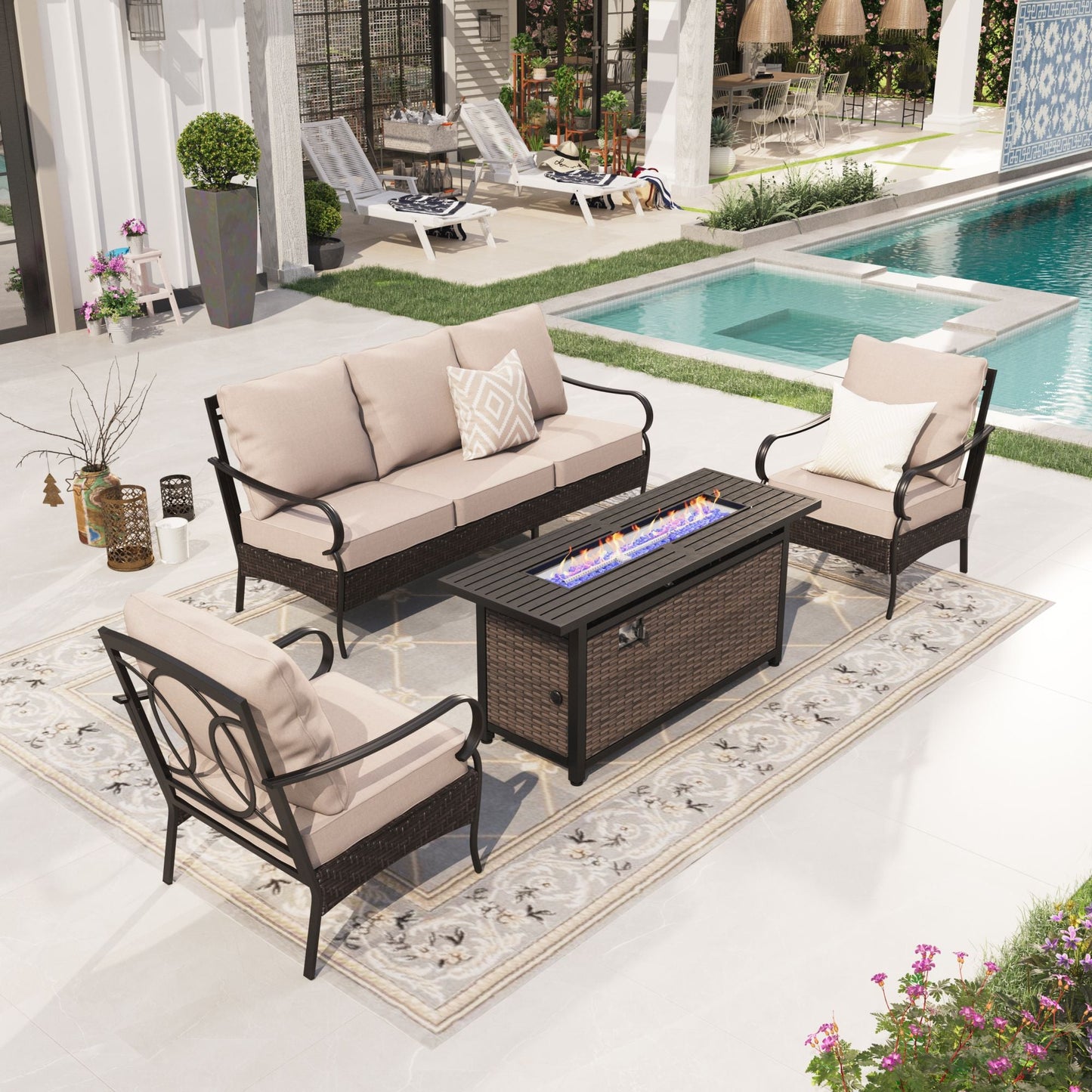 Alpha Joy 4 Piece Patio Furniture Set with Fire Pit Table 5-Seat Wicker Outdoor Conversation Set
