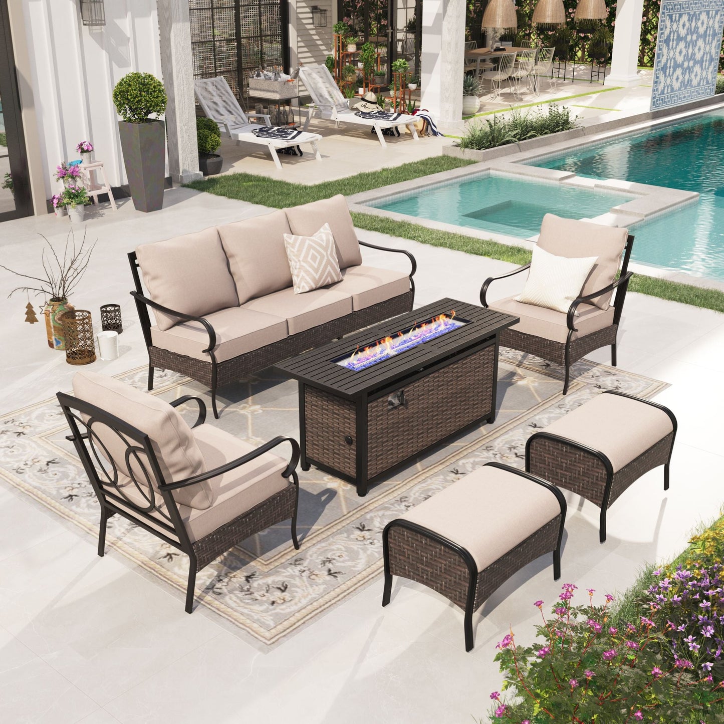 6 Piece Patio Furniture Set with Fire Pit Table 7-Seat Wicker Outdoor Conversation Set