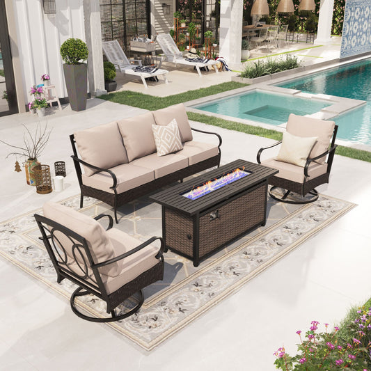 4 Piece Patio Furniture Set with Fire Pit Table 5-Seat Wicker Outdoor Conversation Set