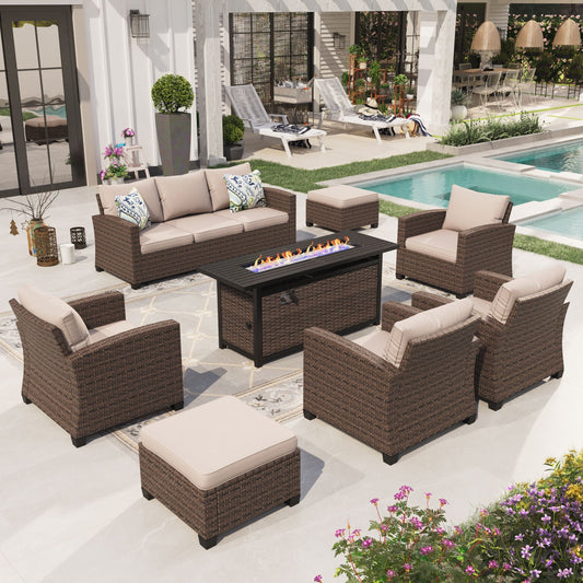 Sophia & William 8 Pieces Wicker Patio Converation Set with Fire Pit Table, Beige