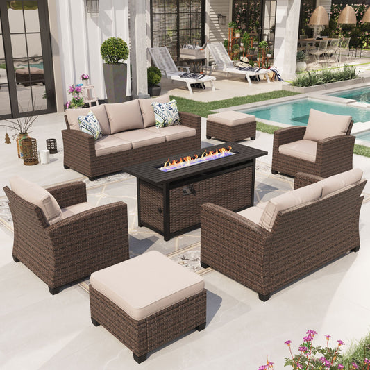 Sophia & William 7 Pieces Wicker Patio Converation Set with Fire Pit Table, Beige