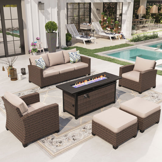 Sophia & William 6-seat Wicker Patio Converation Set with Fire Pit Table, Beige