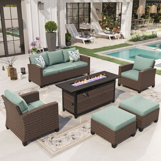 Sophia & William 6-seat Wicker Patio Converation Set with Fire Pit Table, Blue