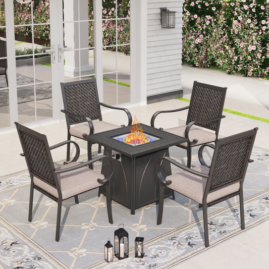 Sophia & William 5 Pieces Outdoor Patio Dining Set Rattan Chairs and Fire Pit Table for 4 person