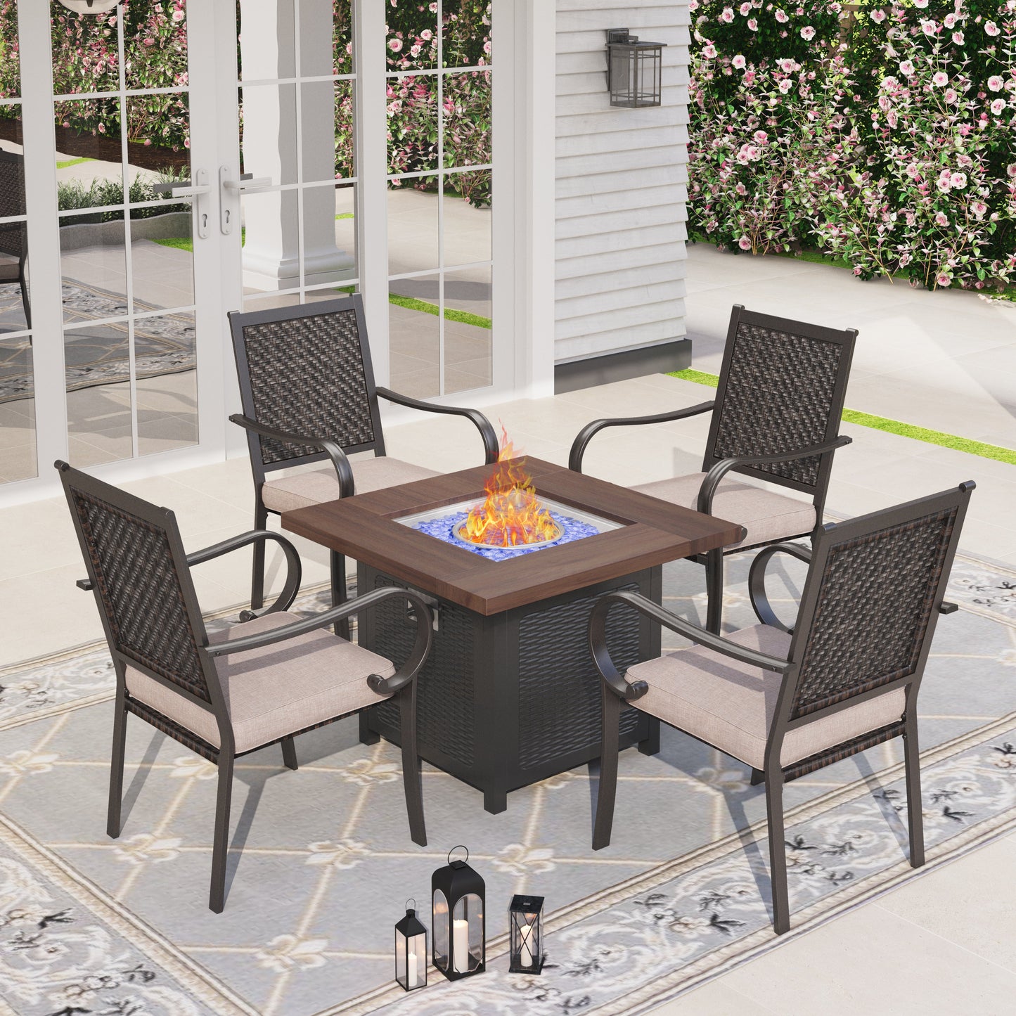 Sophia & William 5 Pieces Outdoor Patio Dining Set Rattan Chairs and Fire Pit Table for 4 person