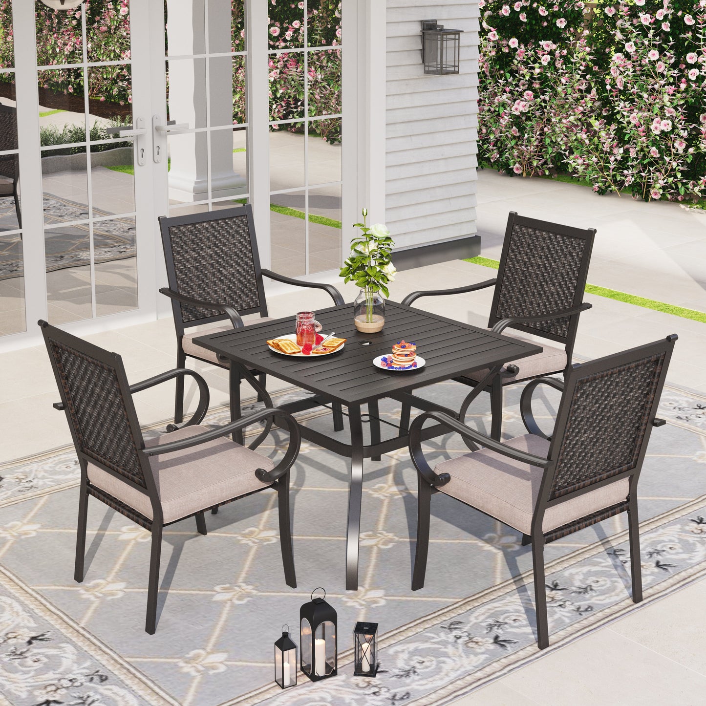 Sophia & William 5 Pieces Outdoor Patio Dining Set with 4 Rattan Cushioned Chairs & 1 Metal Square Table for 4 person