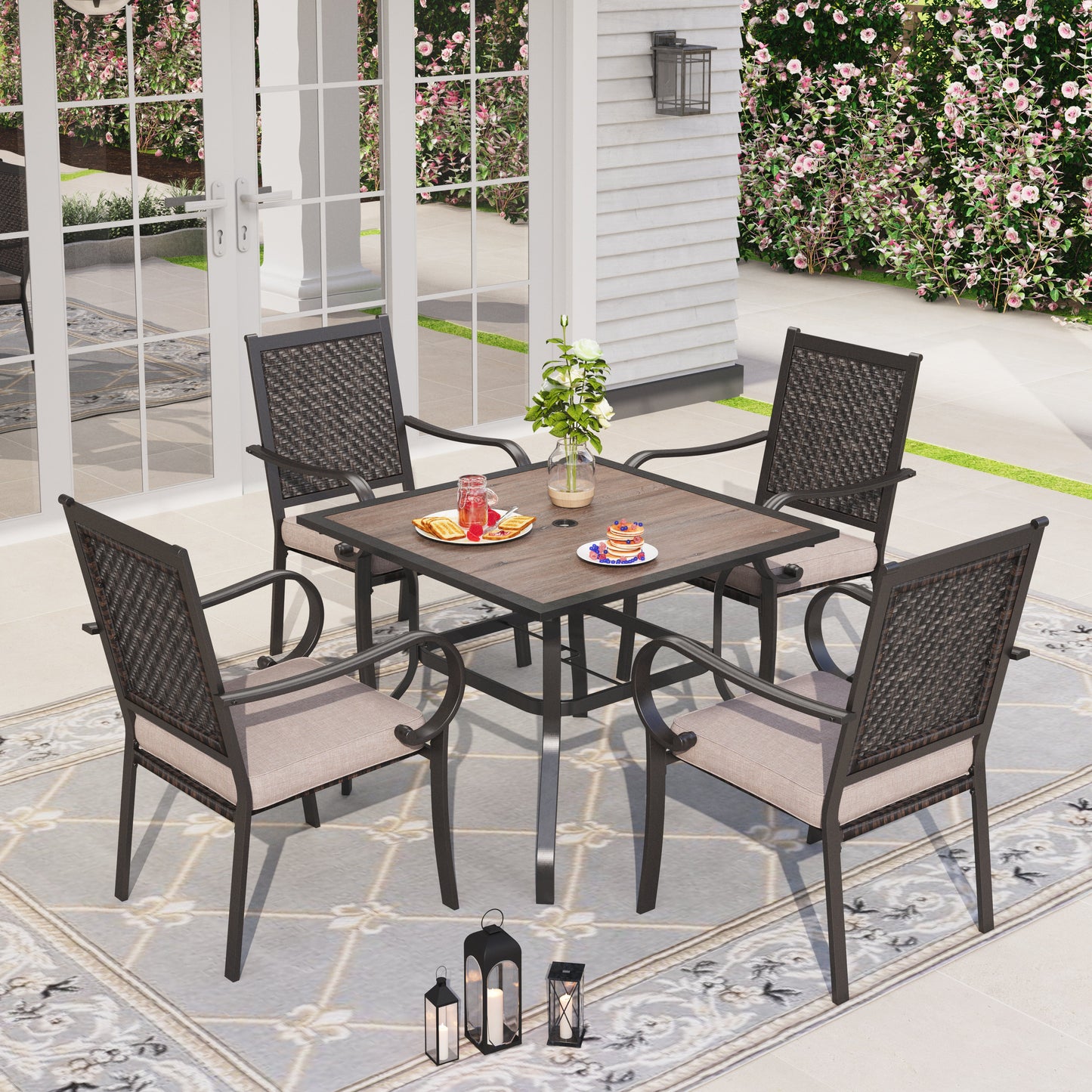 Sophia & William 5 Pieces Outdoor Patio Dining Set with 4 Rattan Cushioned Chairs & 1 Wood-like Square Table for 4 person