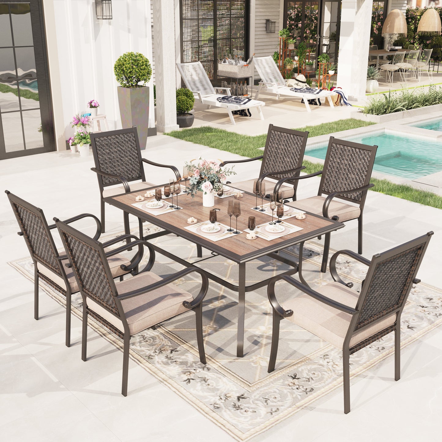 Sophia & William 7 Pieces Patio Dining Table and Chairs Set Outdoor Rattan Cushioned Chairs and Rectangle Metal Table for 6 person