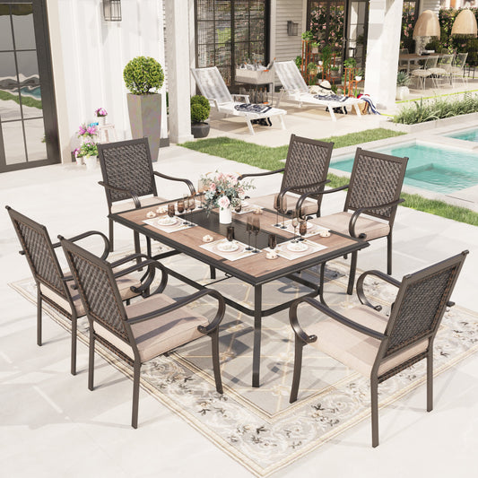 Sophia & William 7 Pieces Patio Dining Table and Chairs Set Outdoor Rattan Cushioned Chairs and Rectangle Metal Table for 6 person