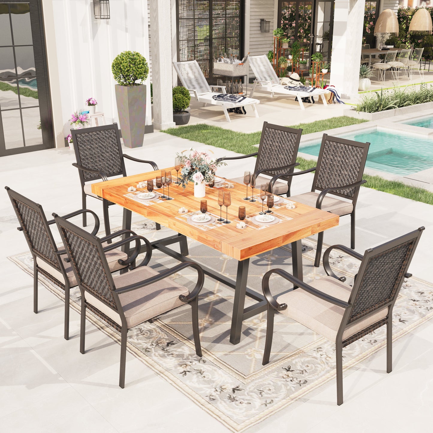 Sophia & William 7 Pieces Outdoor Patio Dining Set Wicker Rattan Chairs and Wood Table for 6 person