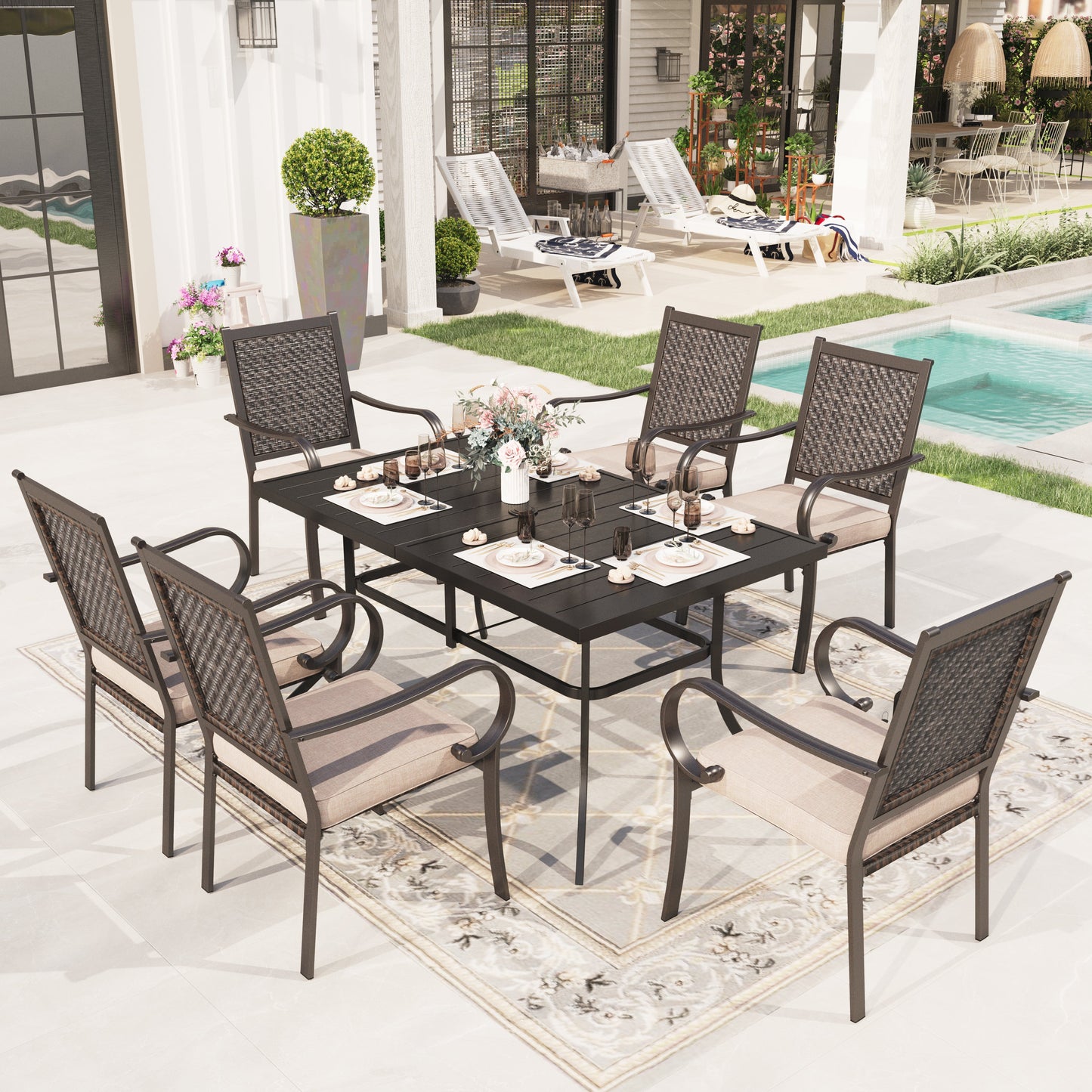 Sophia & William 7 Pieces Outdoor Patio Dining Set Wicker Rattan Chairs and Rectangular Steel Table for 6 person