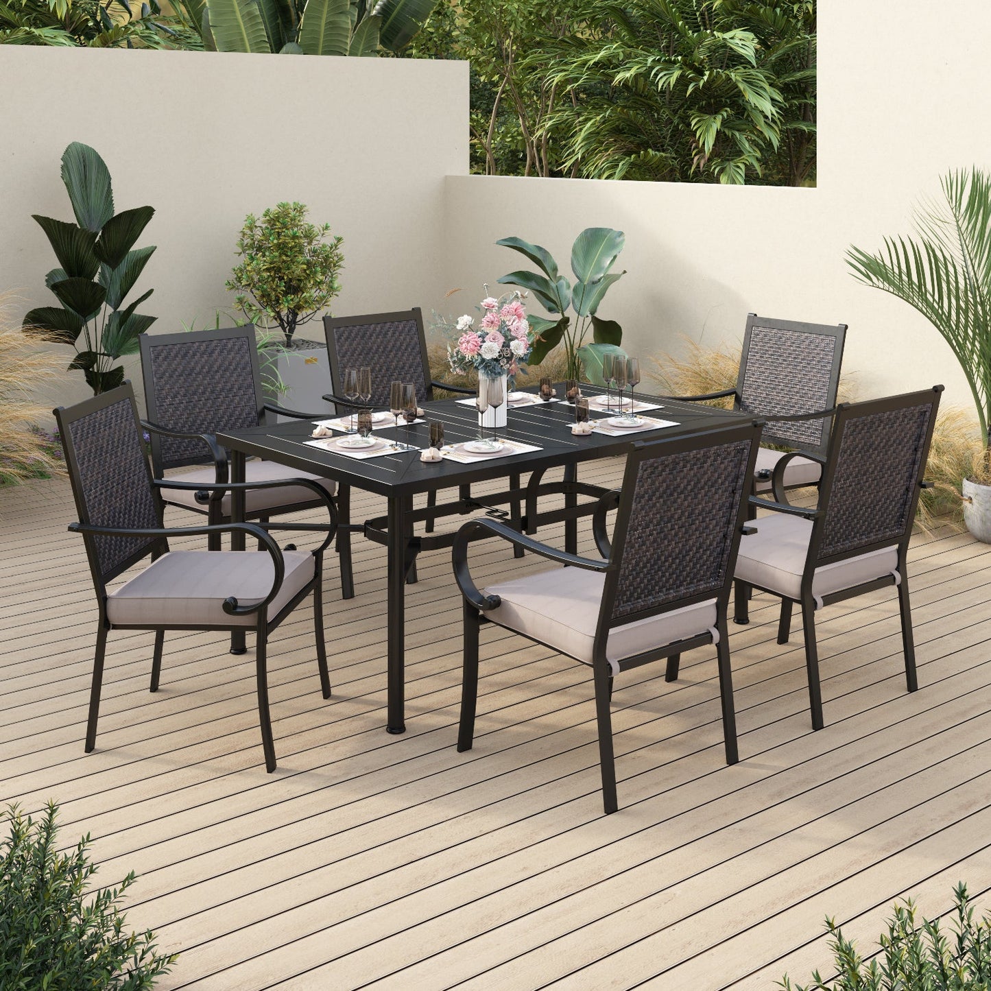 Sophia & William 7 Pieces Outdoor Patio Dining Set Wicker Rattan Chairs and Rectangle Steel Table for 6 person